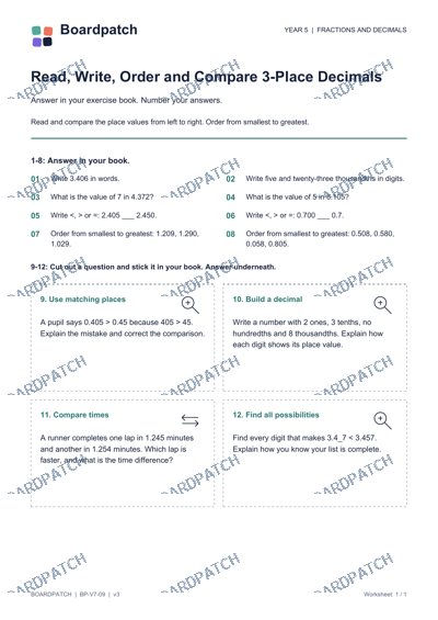 Worksheet preview: Read, Write, Order and Compare 3-Place Decimals