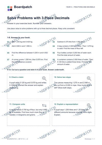 Worksheet preview: Solve Problems with 3-Place Decimals