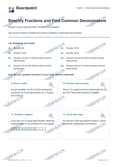 Worksheet preview: Simplify Fractions and Find Common Denominators