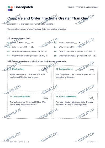Worksheet preview: Compare and Order Fractions Greater Than One
