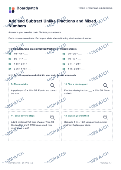 Worksheet preview: Add and Subtract Unlike Fractions and Mixed Numbers