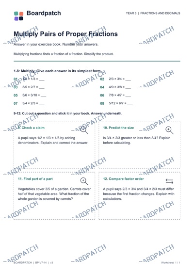 Worksheet preview: Multiply Pairs of Proper Fractions