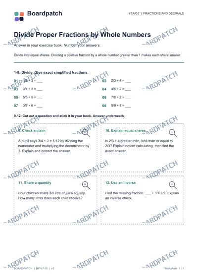 Worksheet preview: Divide Proper Fractions by Whole Numbers