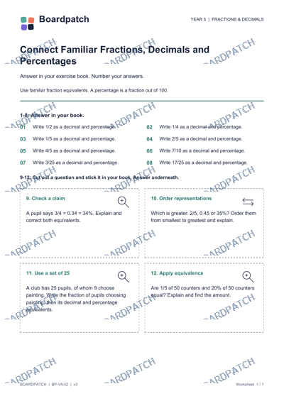 Worksheet preview: Connect Familiar Fractions, Decimals and Percentages