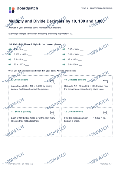 Worksheet preview: Multiply and Divide Decimals by 10, 100 and 1,000