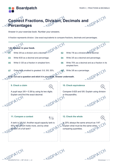 Worksheet preview: Connect Fractions, Division, Decimals and Percentages