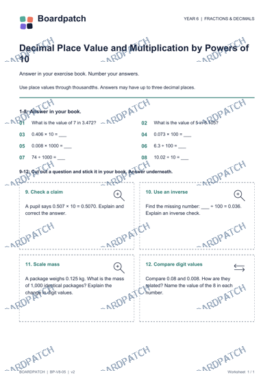 Worksheet preview: Decimal Place Value and Multiplication by Powers of 10