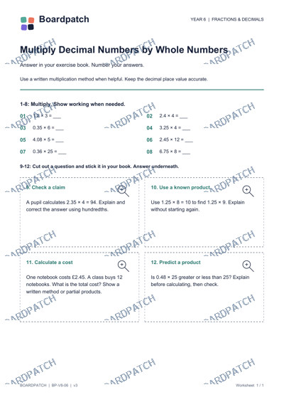 Worksheet preview: Multiply Decimal Numbers by Whole Numbers