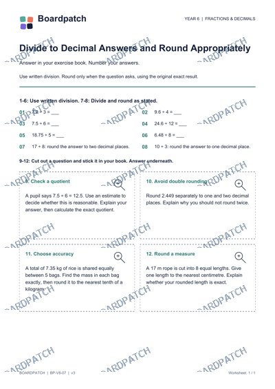 Worksheet preview: Divide to Decimal Answers and Round Appropriately