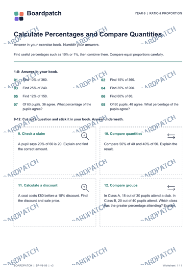 Worksheet preview: Calculate Percentages and Compare Quantities