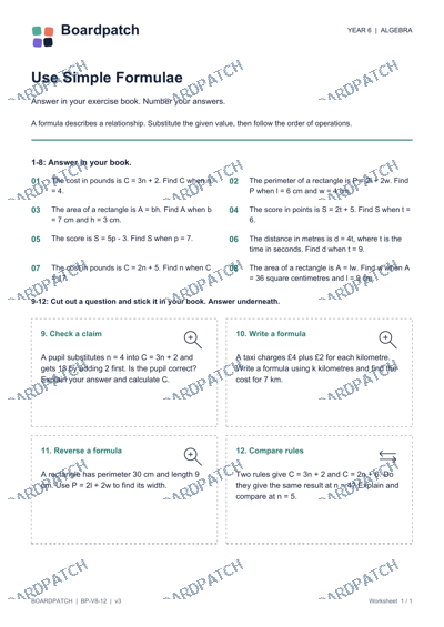 Worksheet preview: Use Simple Formulae