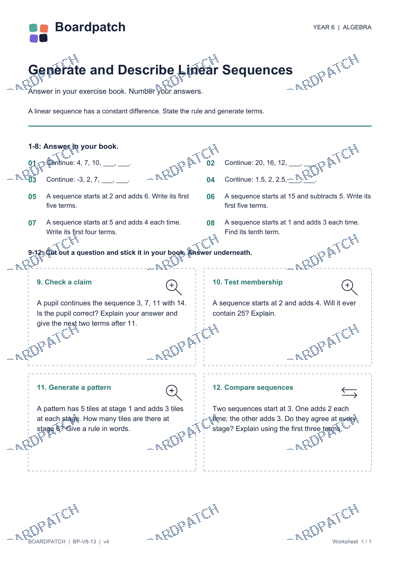 Worksheet preview: Generate and Describe Linear Sequences