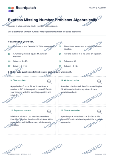 Worksheet preview: Express Missing Number Problems Algebraically