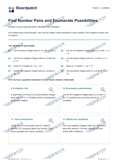 Worksheet preview: Find Number Pairs and Enumerate Possibilities