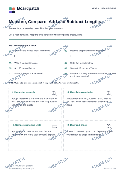 Worksheet preview: Measure, Compare, Add and Subtract Lengths