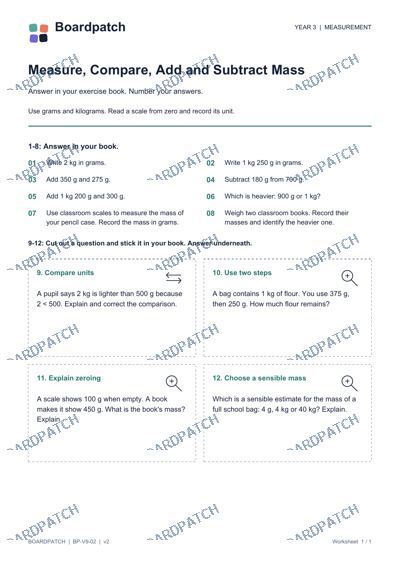 Worksheet preview: Measure, Compare, Add and Subtract Mass
