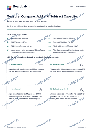 Worksheet preview: Measure, Compare, Add and Subtract Capacity
