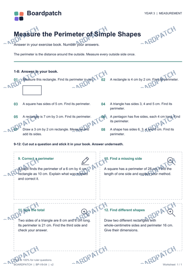 Worksheet preview: Measure the Perimeter of Simple Shapes
