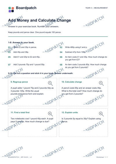 Worksheet preview: Add Money and Calculate Change
