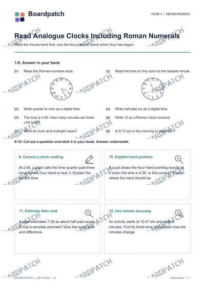 Worksheet preview: Read Analogue Clocks Including Roman Numerals