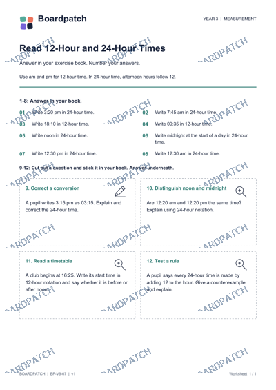 Worksheet preview: Read 12-Hour and 24-Hour Times
