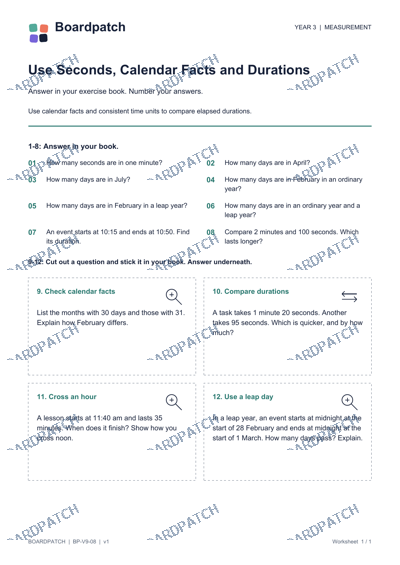 Worksheet preview: Use Seconds, Calendar Facts and Durations
