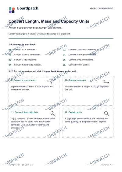 Worksheet preview: Convert Length, Mass and Capacity Units