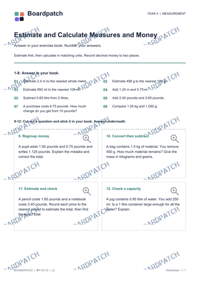 Worksheet preview: Estimate and Calculate Measures and Money