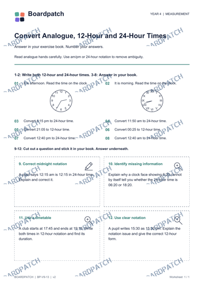 Worksheet preview: Convert Analogue, 12-Hour and 24-Hour Times