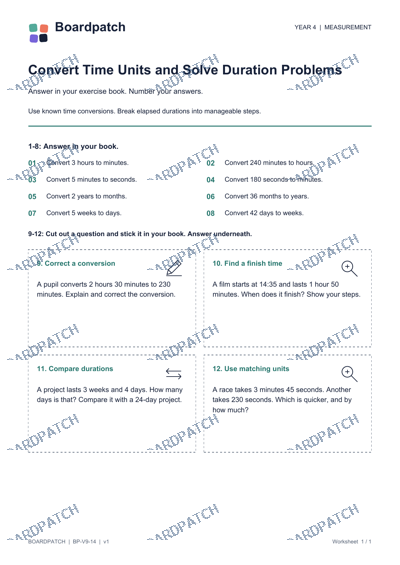 Worksheet preview: Convert Time Units and Solve Duration Problems